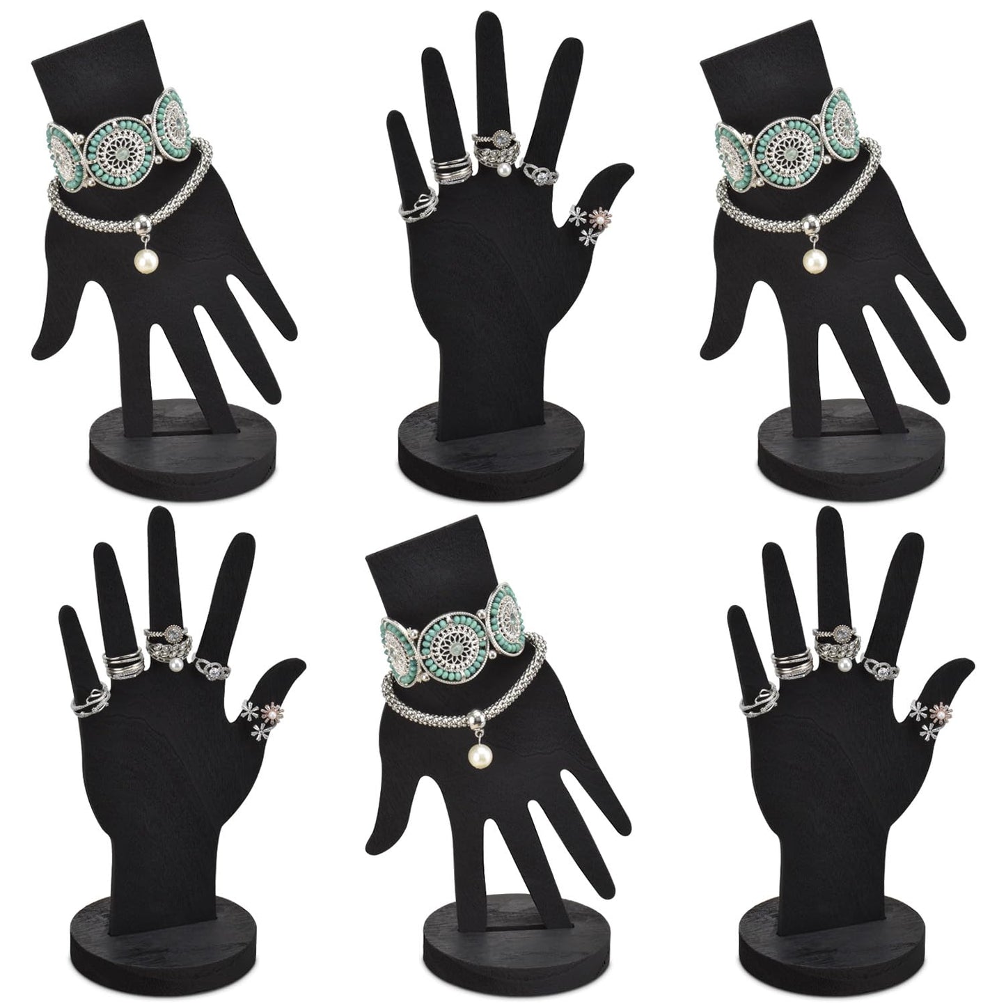 MOOCA 6-Piece Real Wooden Hand Form Jewelry Display Set, 2 Way Design for Wall Hanging or Standalone Mannequin Finger Hand Display, Premium Real Wood Sturdy Base, Black Color