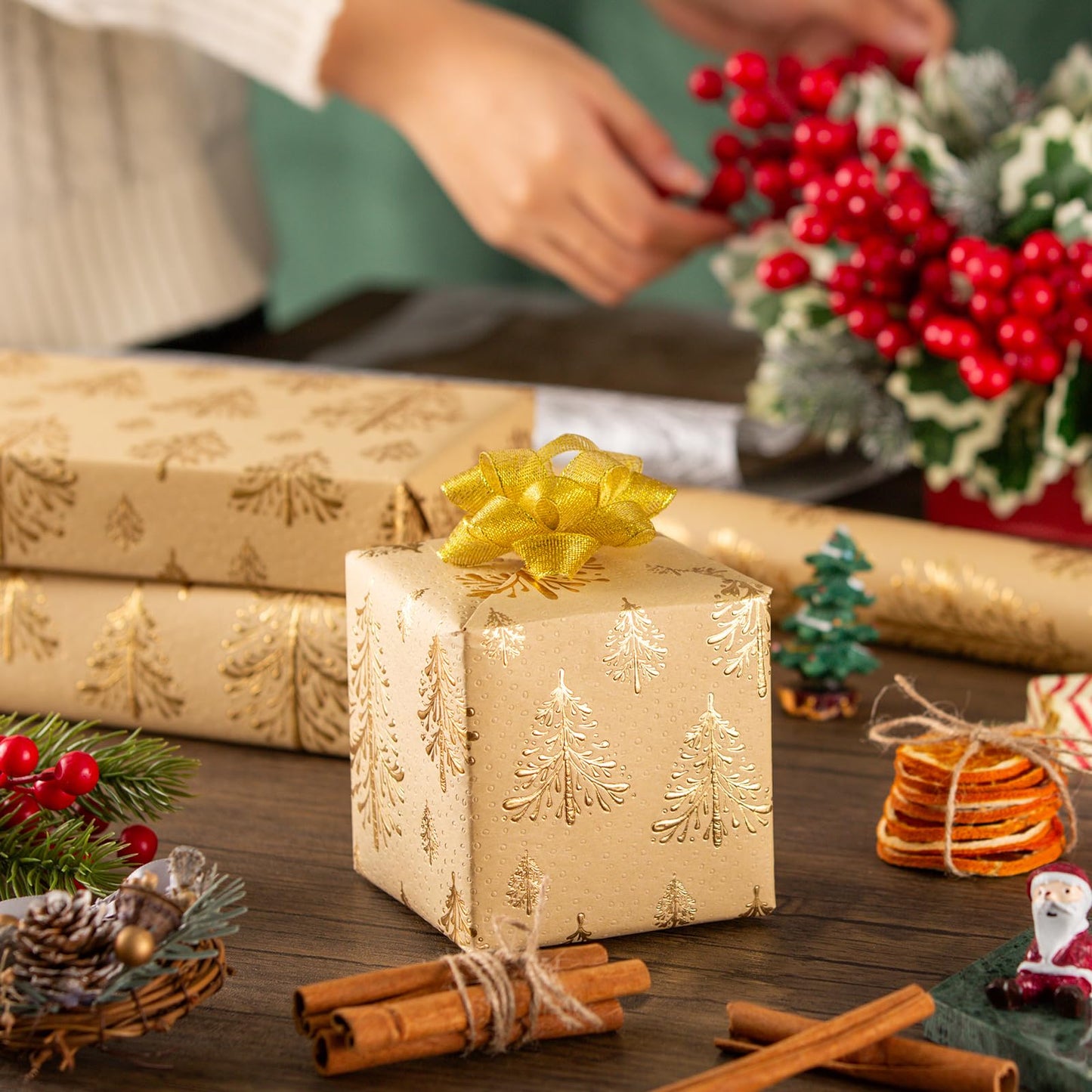 Kraft Christmas Wrapping Paper,Gold Lusury 3D Embossed Foil Christmas Trees Wrap Paper for Holiday, Party,Celebration, New Year (17 Inch X 32.8 Feet)