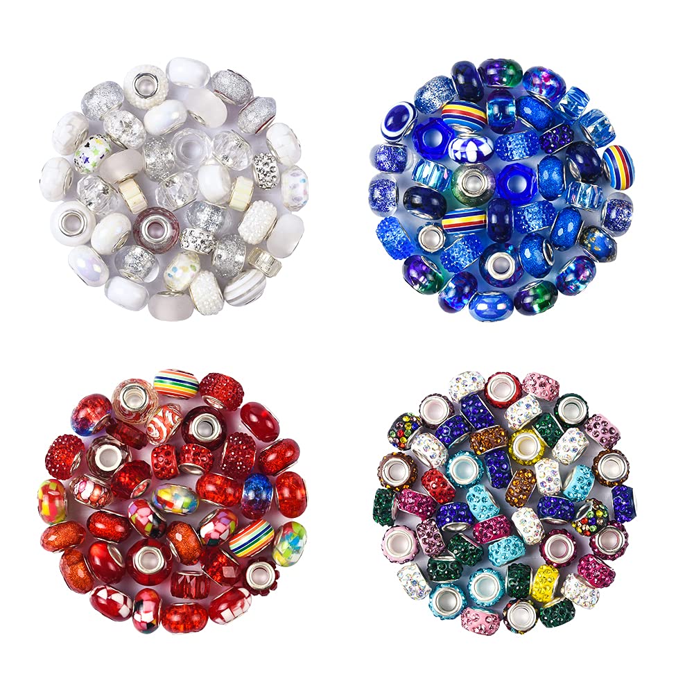 Aipridy Assortment European Large Hole Beads Spacer Beads Rhinestone Craft Beads for DIY Charms Bracelet Jewelry Making (Blue-Red-White)