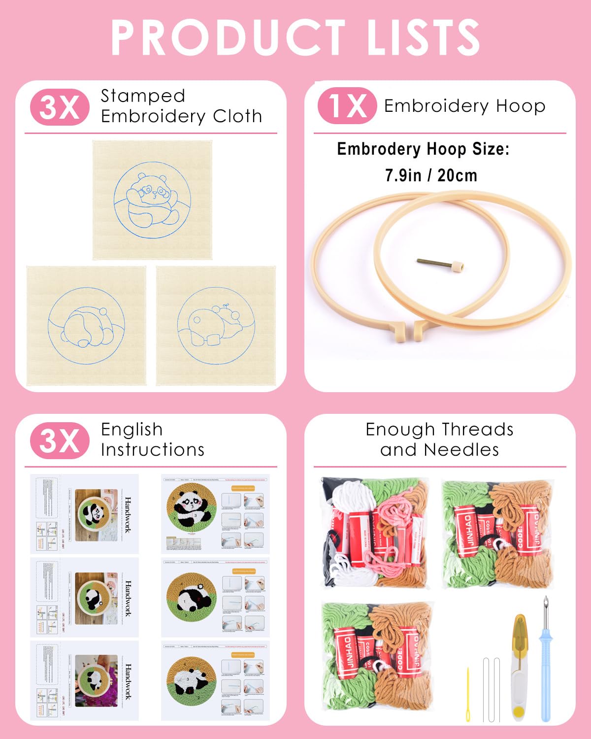 3 Sets Punch Needle Kits, Panda Punch Embroidery Kits for Adults Beginner, Tool with Punch Needle Fabric, Hoops, Yarns and Sewing Needles