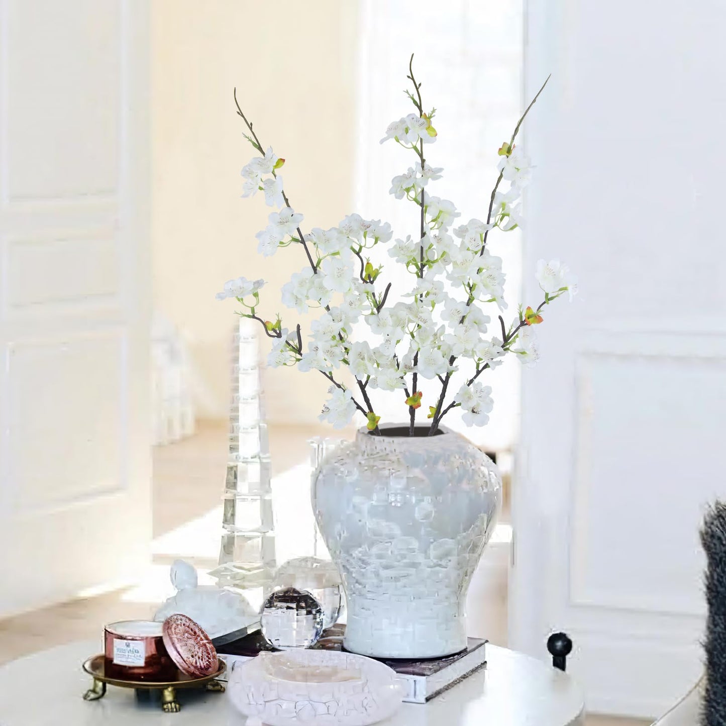 CITYES 3 Pcs Artificial Cherry Blossom Branches Flowers White Silk Peach Flowers Bulk Faux Spring Branches Arrangement Fake Cherry Stems for Indoor Outdoor Party DIY Wedding Table Vase Decor