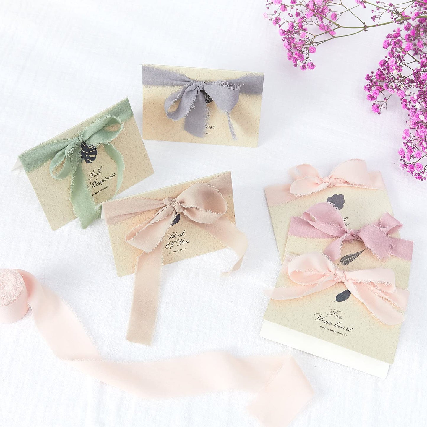 Pieaary Handmade Fringe Chiffon Silk Ribbon 4 Rolls/1" x 5Yd Per Roll,Nude & Cream Frayed Edges Ribbons Set (1"x20Yd, Nude&Cream)