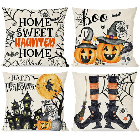 Happy Halloween Pillow Covers 20x20 Set of 4 for Fall Decorations, Watercolor Haunted House Witch Hat Legs, Spooky Orange and Black Decorative Throw Pillow Cases Indoor Outdoor Decor