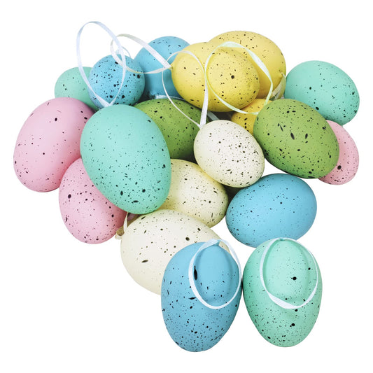 18 Pcs 3 Sizes 6 Colors Hanging Foam Speckled Eggs Ornaments Decorative Eggs in Transparent Packing Box with Faux Grass for Easter Tree Decorations Basket Filler