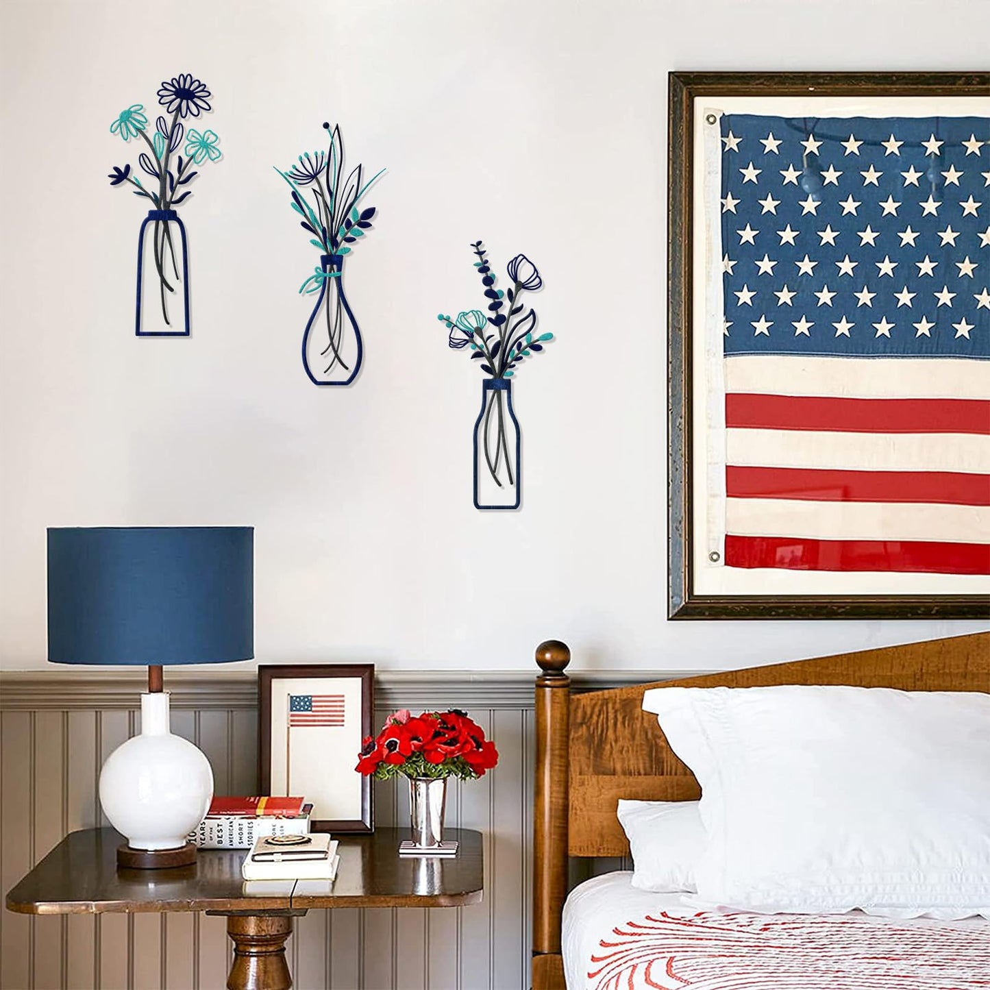 3 Pieces Metal Flowers Wall Arts - Rustic Farmhouse Style Décor Metal Wall Art Black Minimalist Flower Natural Themed Wall Decors for Home Bedroom Dining Room Housewarming (Blue)