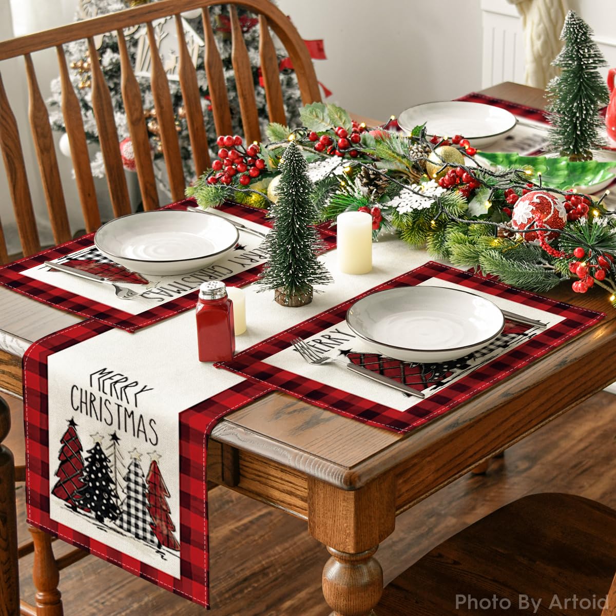 Red and Black Buffalo Plaid Christmas Trees Placemats Set of 4, 12x18 Inch Winter Table Mats for Outdoor Home Party Kitchen Dining Decor