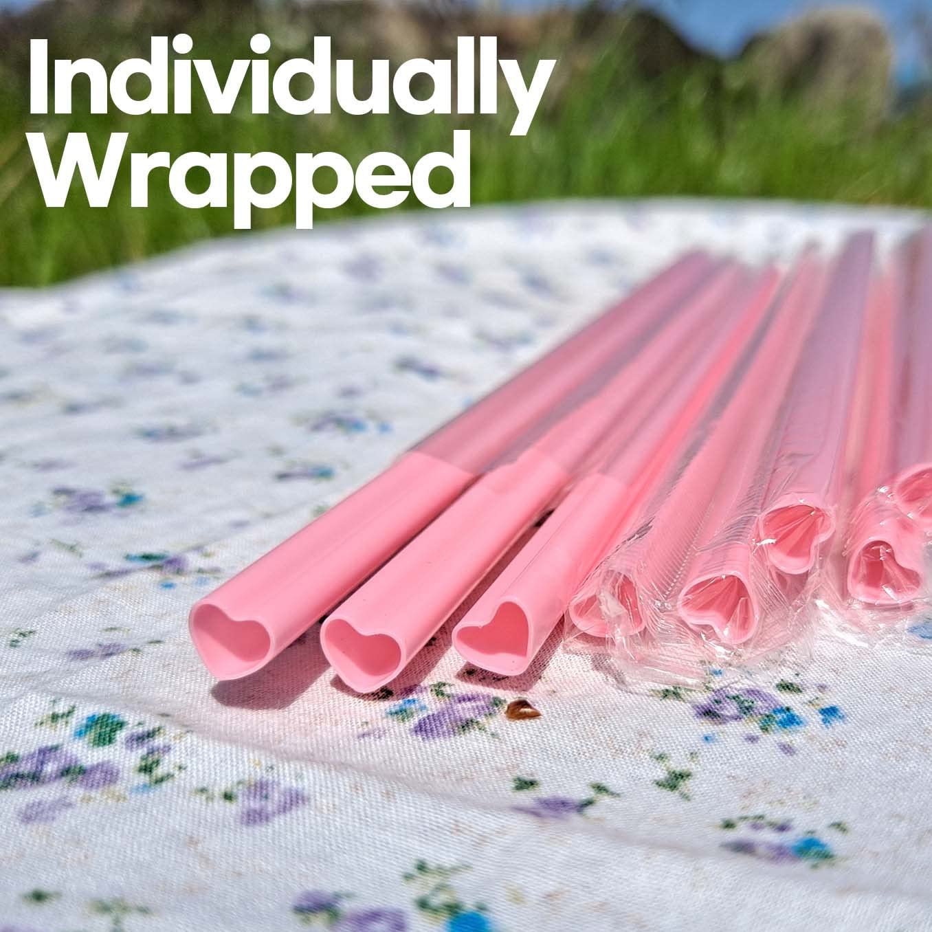 100pcs Heart Shaped Pink Straws Disposable Drinking Cute Straw Individually Wrapped Pink Plastic Straw Galentines Day, Cocktail, Birthday Party, Bridal Shower, Wedding Decorations
