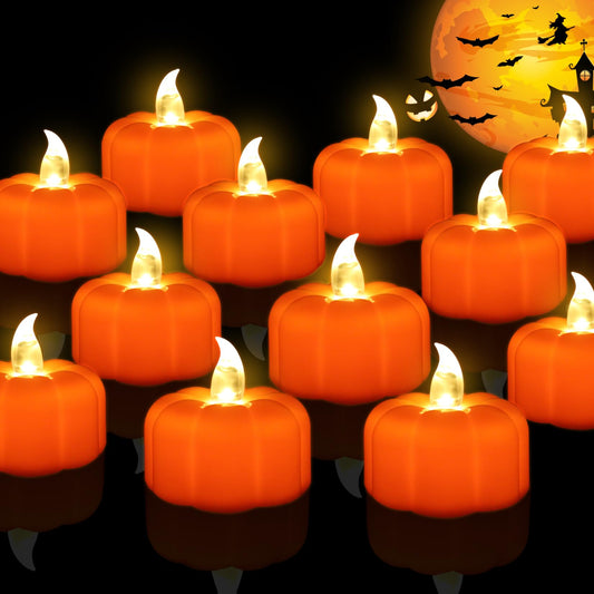 Halloween Pumpkin Tea Lights Decorations Fall Decor, 12 Pack LED Orange Pumpkin Lights Flameless Candles Battery Operated, Thanksgiving Flickering Tealight Candle for Home Table Indoor Party Decor