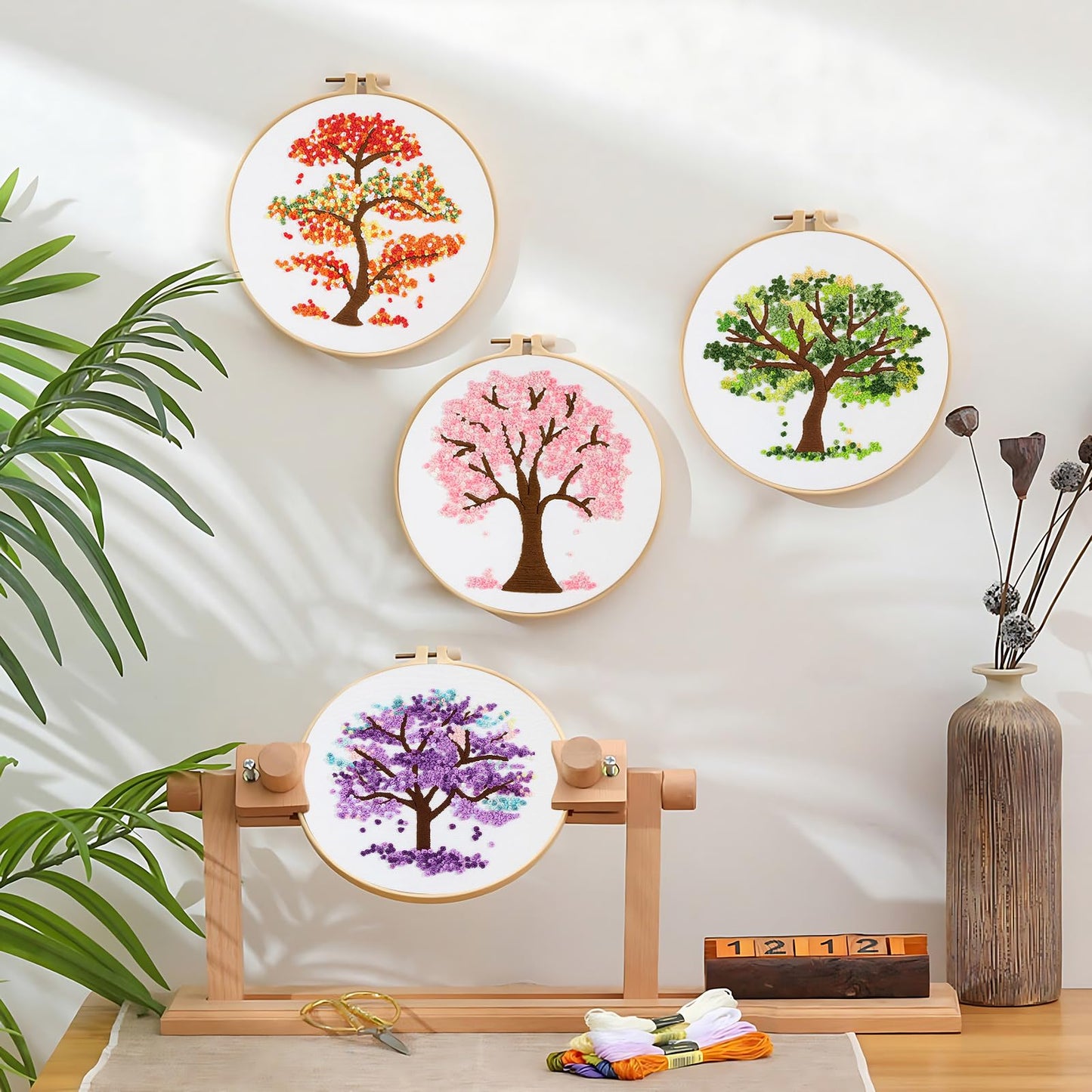 Embroidery Starter Kit for Beginners, 4 Sets Stamped Cross Stitch Kits for Adult, Seasonal Tree Pattern Hand DIY Kits with 2 Embroidery Hoop Instructions Color Threads Needles and Scissor