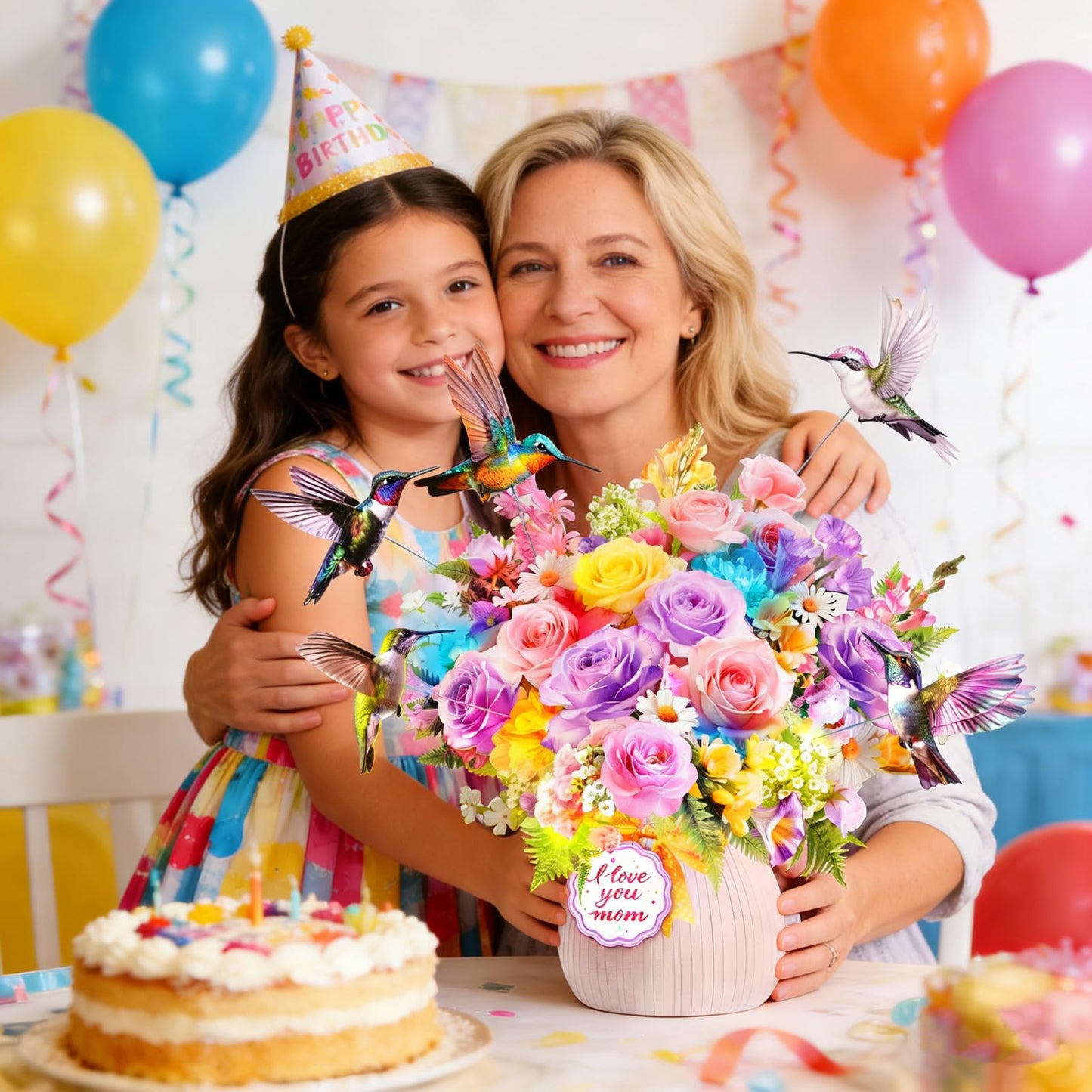 MZD8391 Mothers Day Card with Music & Lights, 3D Pop Up Mothers Day Gift, Hummingbird, 10 Inch Life Sized Forever Flower Bouquet Birthday Card For Mom, Women, Wife