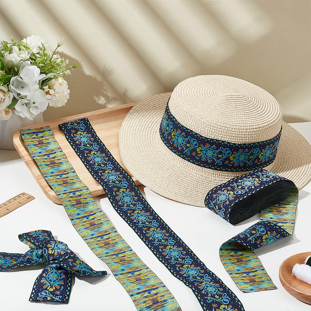 10 Yards Boho Jacquard Fabric Trim with Embroidered Flowers - Blue, 2 Inch Ethnic Style Floral Ribbon for Sewing, Handmade Bag Strap Making & DIY Clothing Decoration