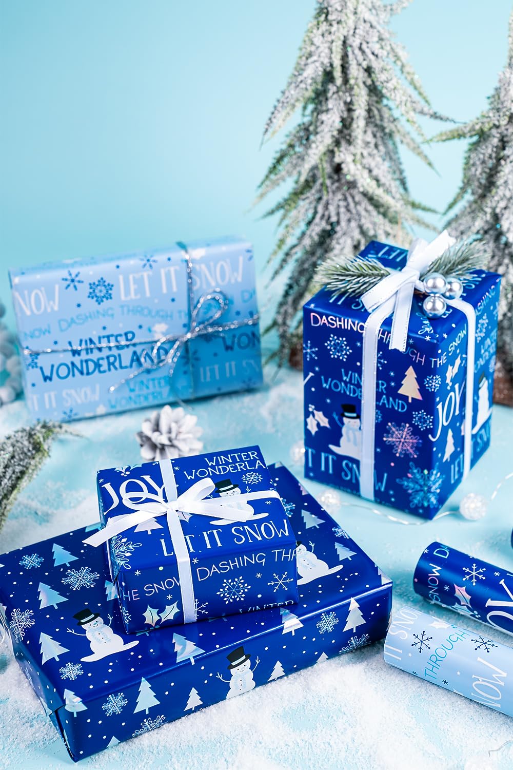 Christmas Wrapping Paper Roll - Mini Roll - 3 Rolls - 17 Inch x 120 Inch Per Roll - Blue and White Winter Wondland, Snowflake, Snowman Holiday Collection with Metallic Foil Shine