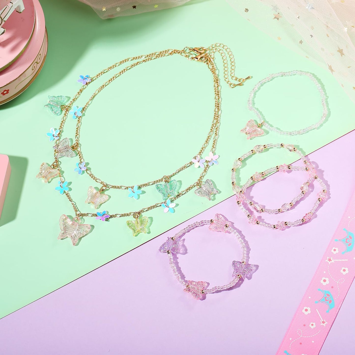 PinkSheep Butterfly Flower Necklace Bracelet for Girl Women Butterfly Jewelry 7PC Choker Necklaces Bracelet Cute Necklaces Beaded Necklace Bracelets Girl Gift