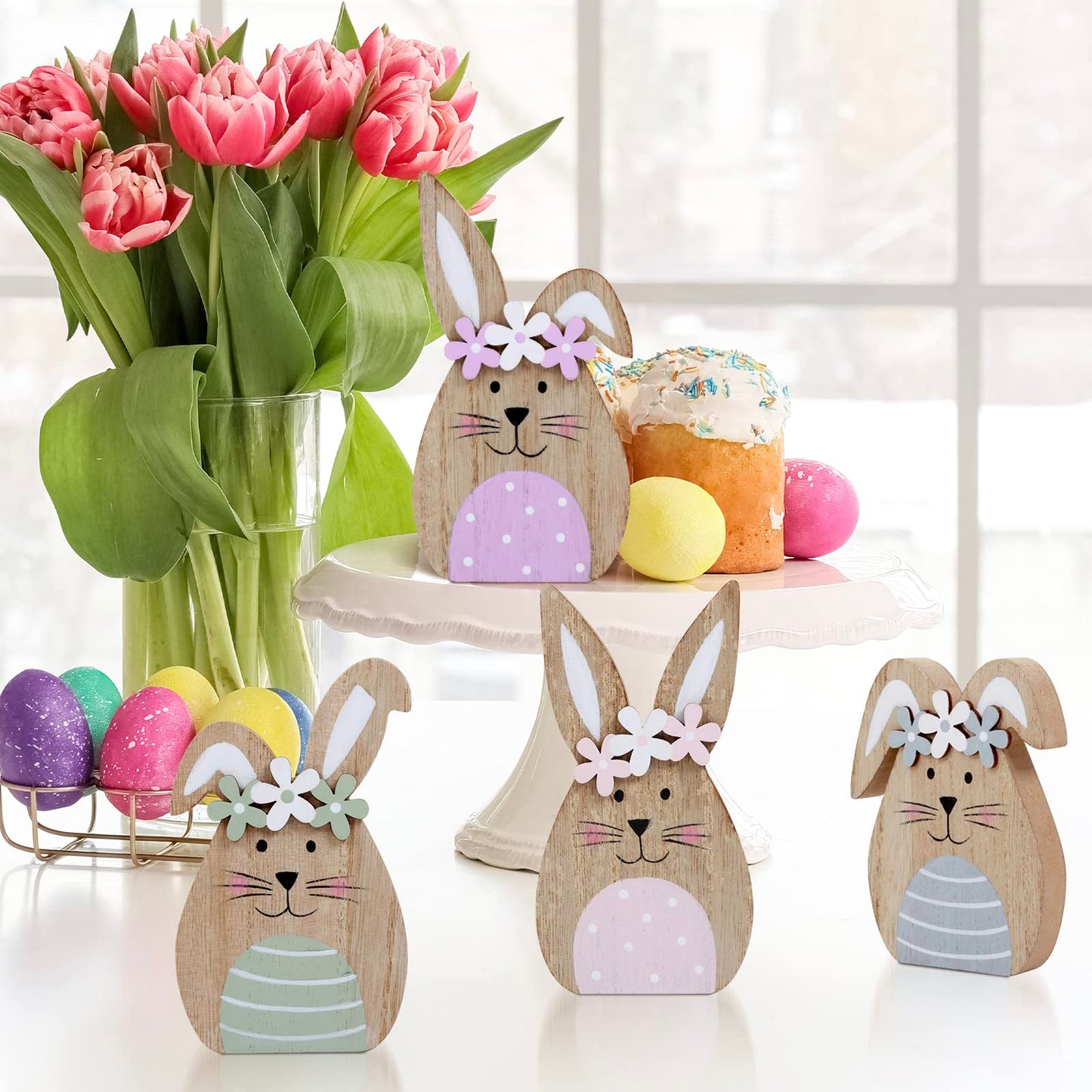 4 Pack Wooden Easter Bunny Table Decorations Easter Peeps Decor Spring Wood Bunnies Rabbit Ornament Farmhouse Tabletop Decor for Party Tiered Tray Mantle Desk Office Home Party Patio Yard Decor