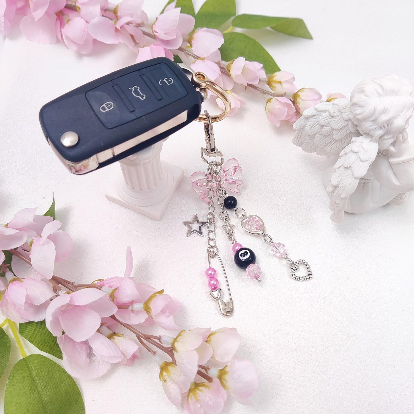 cioatu Y2K Aesthetic Keychains for Women Cute Flowers Star Cake Jellyfish Keychins Charms Kawaii Bag Purse Decor (Pink & Clear Bow)