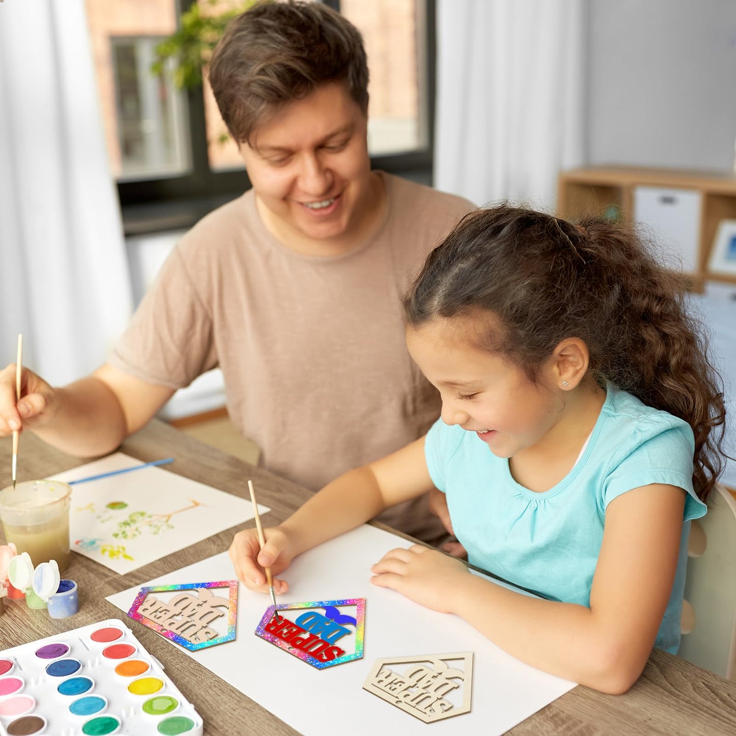 Wooden DAD Ornaments to Paint Father's Day Birthday Party Decoration Cutouts Unfinished 24PCS 3.5 x 3 inches, DIY Blank Unfinished Wood Daddy Ornament for Home Crafts Hanging Father Day Decoration