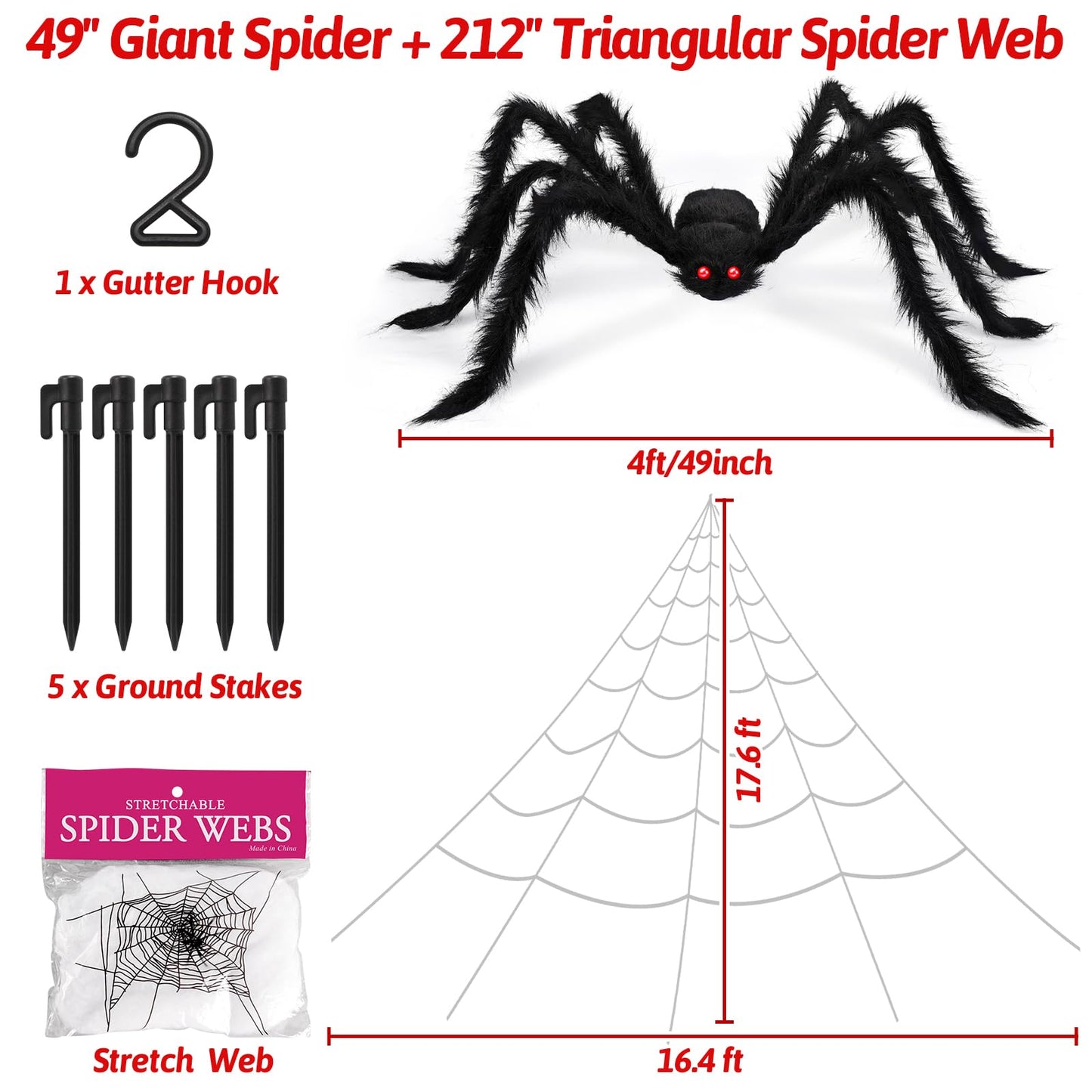 EZIGO Halloween Spider Decorations 3PCS Giant Spider Huge Spider Web Stretch Web Component of Huge Spider and Mega Spider Web Halloween Party Supplies Yard Halloween Outdoor Décor Haunted Decoration
