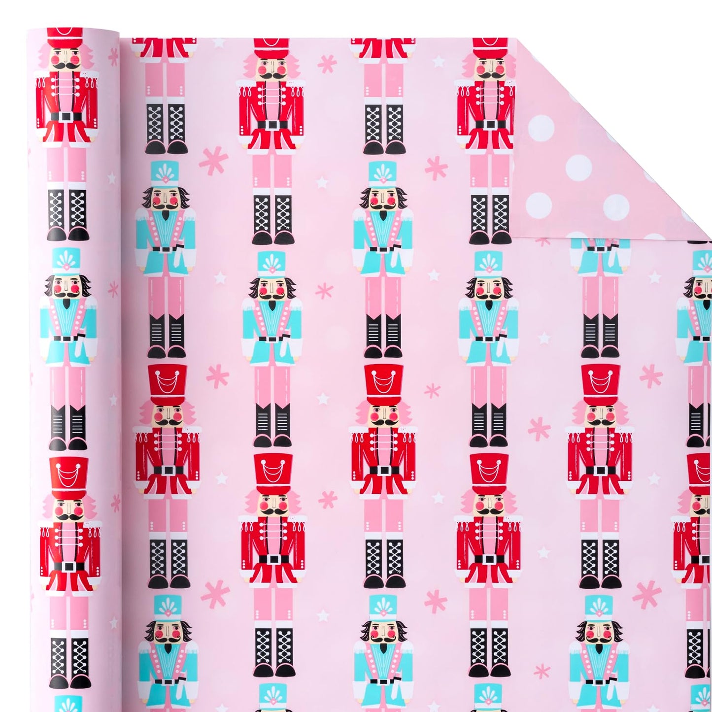 Reversible Christmas Wrapping Paper - Mini Roll - 17 Inch x 33 Feet - Pink Nutcracker Wrapping Paper and Polke Dot Design for Christmas, Holiday, Party Celebration