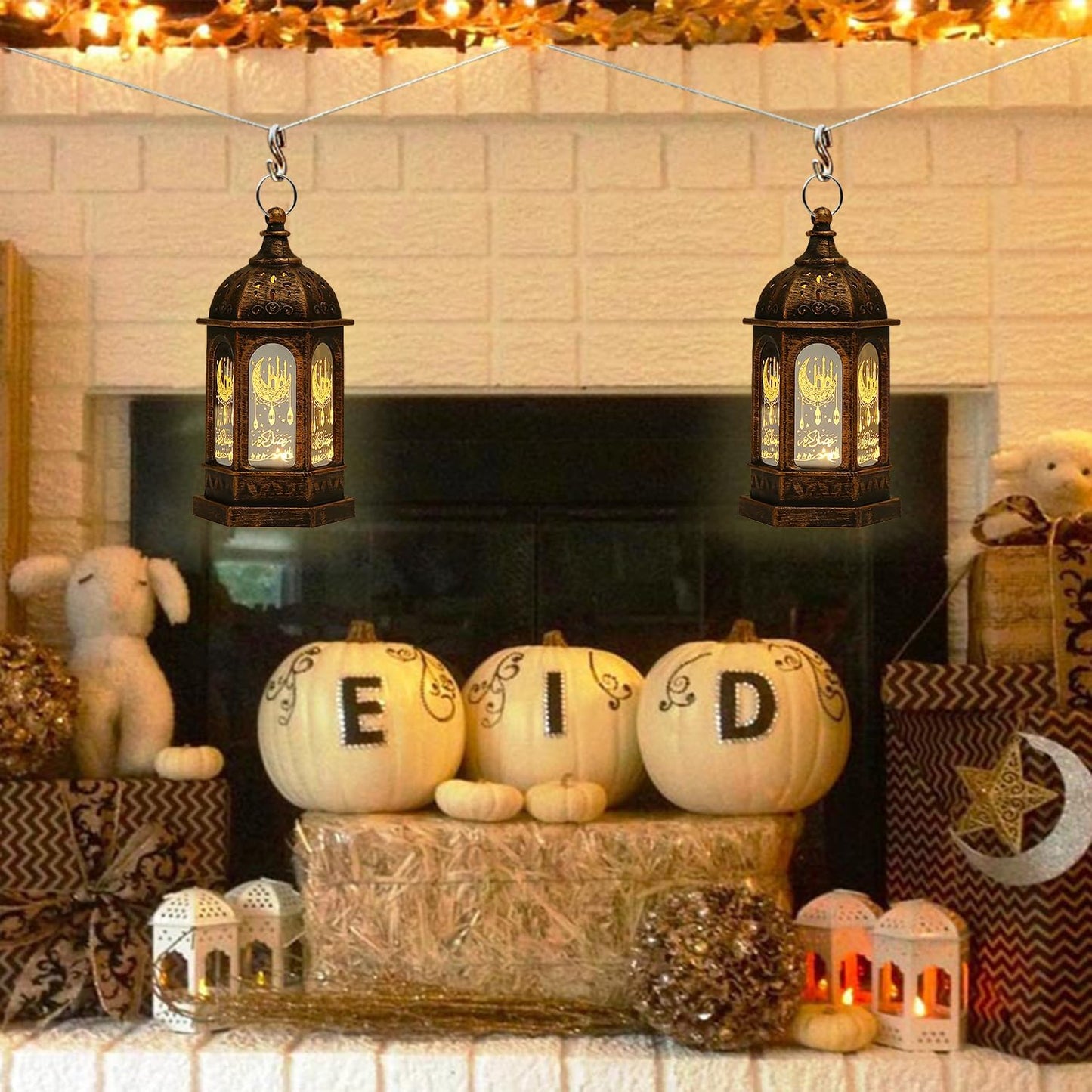 Ramadan Decorations, Ramadan Lantern Lights with Islamic Moon Star Decorations, Mini LED Hanging Lantern Decor, Eid Mubarak Decorations for Home Table Fireplace, Ramadan Eid Gifts 2 Pack