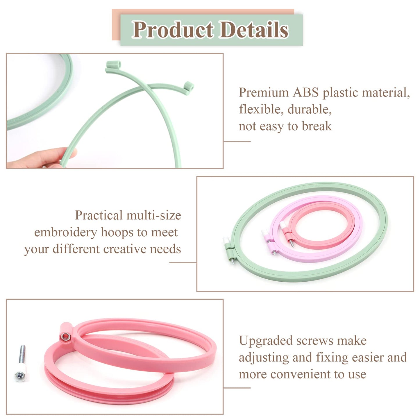 3 Pcs 3 Size Oval Embroidery Hoops, ABS Plastic Embroidery Hoops Cross Stitch Hoops Embroidery Frames for Sewing, Needlework, Embroidery Projects (Size-7.5", 5.7",3.9")