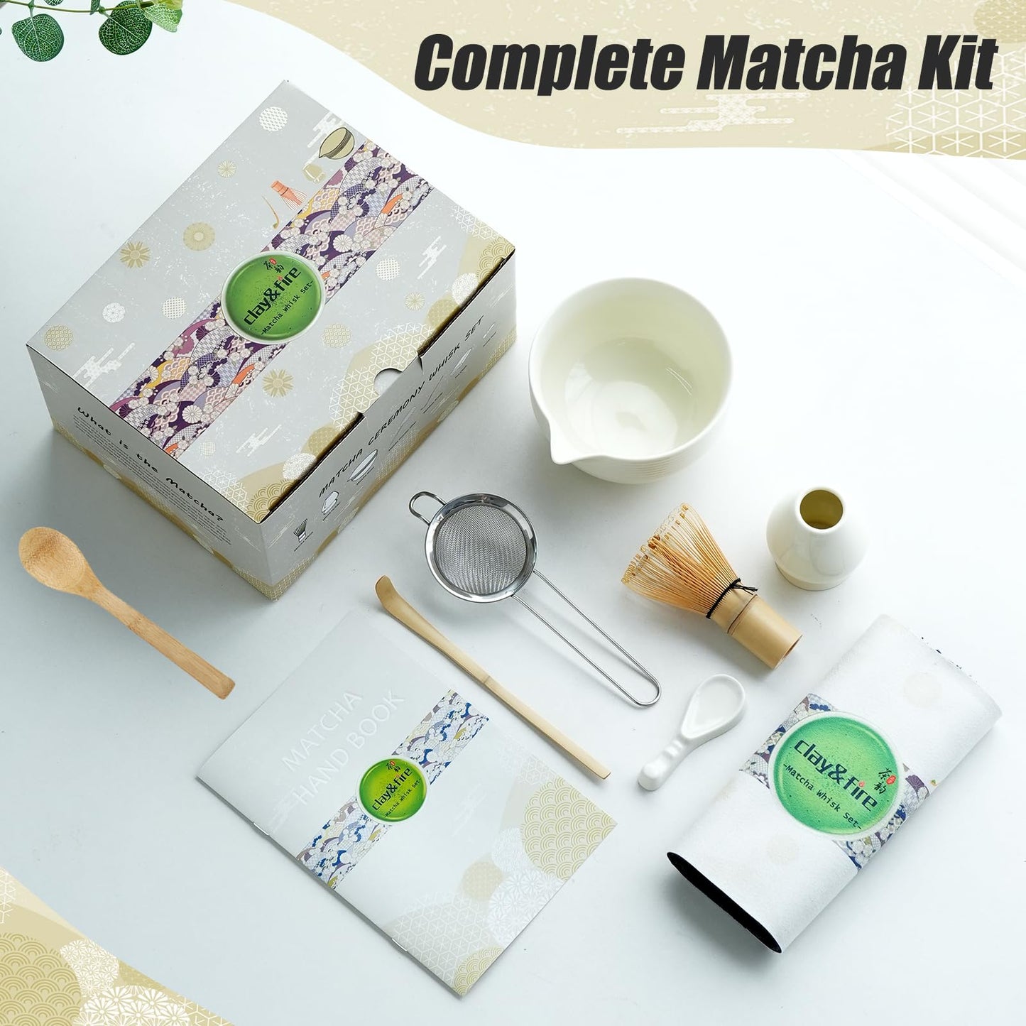 Matcha Whisk Set, Ceramic Matcha Set, Matcha Bowl with Spout and Whisk,9 pcs Matcha Tea Kit for Matcha Lovers, Ideal Gift Christmas, Birthday（Beige）