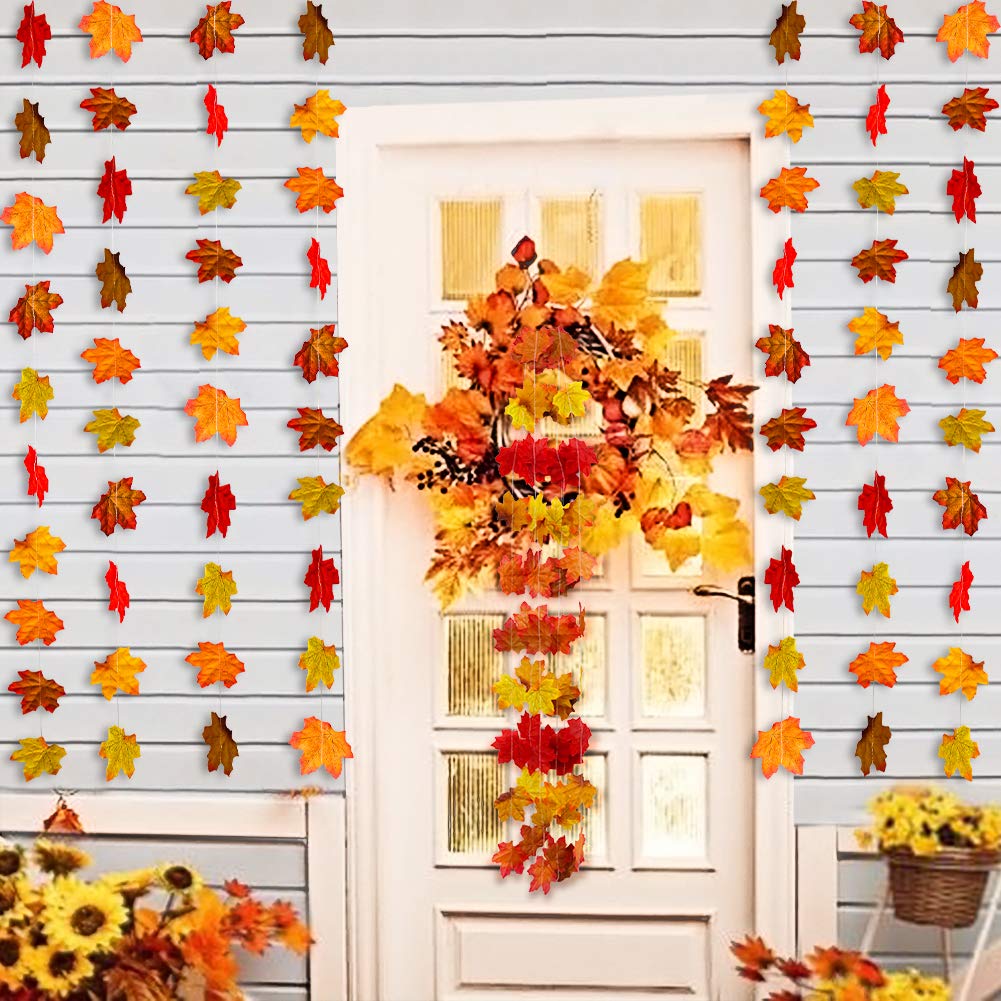 Fall Maple Leaf Garland, Artificial Autumn Maple Leaves Plants Vine Hanging Garland for Home Garden Kitchen Office Wedding Wall Doorway Party Backdrop Fall Garland Fall Decorations Thanksgiving Decor