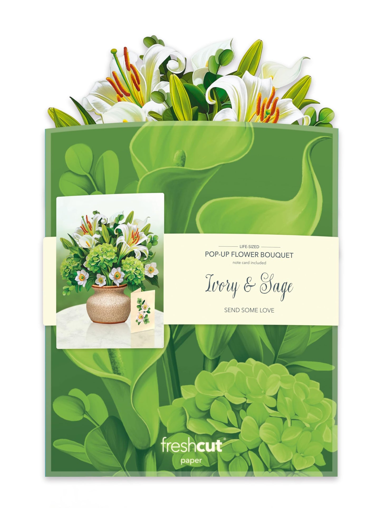 Freshcut Paper Pop Up Cards, Ivory & Sage, 12 Inch Life Sized Forever Flower Bouquet 3D Popup Greeting Card, Birthday Cards, Get Well Gifts, Blank Notecard & Envelope
