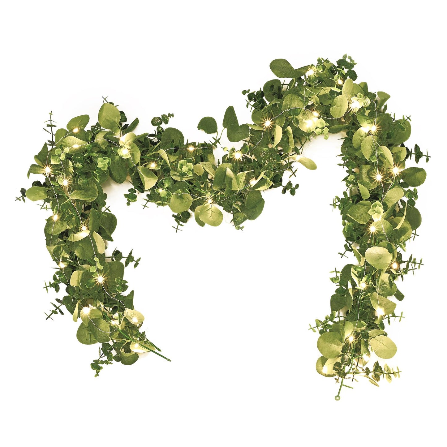 Dolicer 2 Packs 6FT Artificial Eucalyptus Garland with LED Light String, Faux Greenery Garland Hanging Fake Silver Dollar Eucalyptus Leaves Vines for Wedding Backdrop Arch Table Wall Party Home Decor