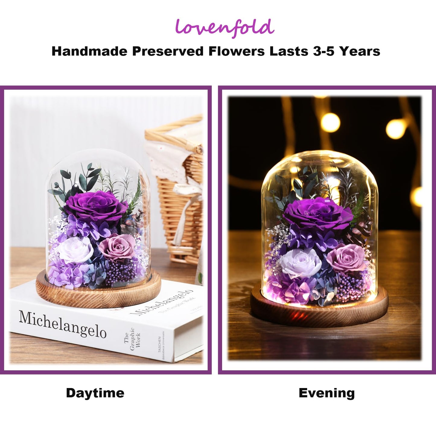 lovenfold Flowers for Delivery Preserved Rose Gifts for Women,Long-Lasting Forever Flowers in Glass Dome, Birthday Gifts for Women Mom Friend(Purple Rose)