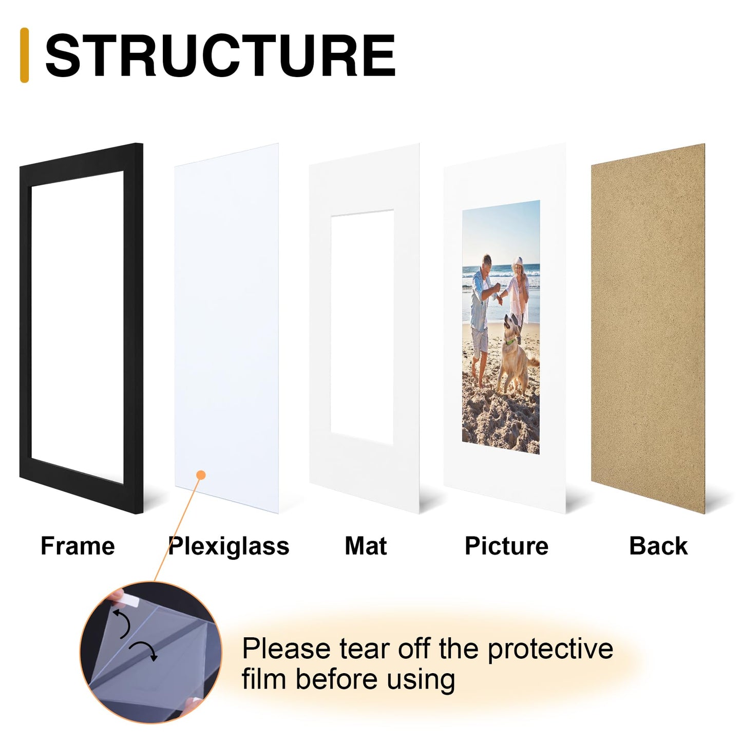 8x10 Picture Frame, Display Pictures 5x7 with Mat or 8x10 without Mat, Black Engineered Wood Photo Frame with Plexiglass for Wall & Tabletop Display, Picture Frames 8x10 Set of 1