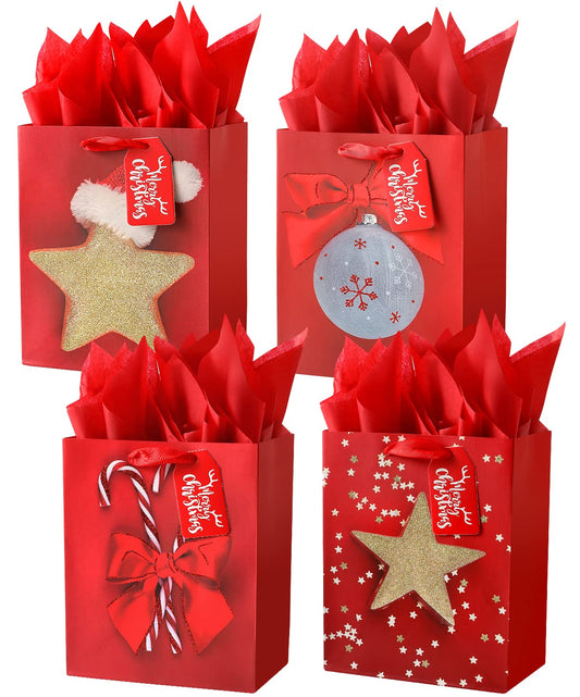 4 Pack 9" Medium Size Gift Bags Assorted Christmas gift bags with Tissue Paper for Christmas Party Supplies Decor, Wrapping Holiday Gifts-7" X 4" X 9"