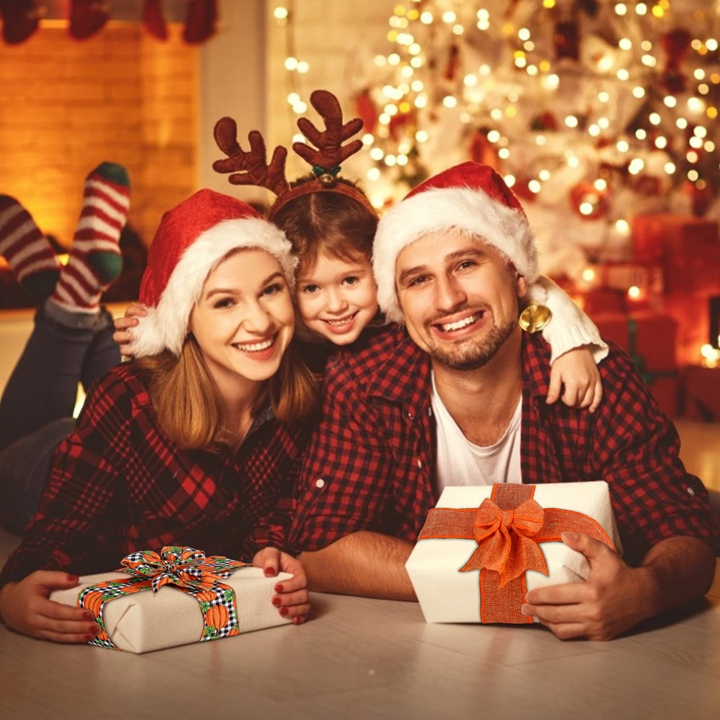 6 Rolls 30 Yards Fall Burlap Ribbon,2.5″W Buffalo Plaid Wired Edge Ribbon with Pumpkin Pattern Thanksgiving Theme Craft Ribbons Rustic Autumn Harvest Ribbons for Wrapping Gifts Making Wreath Bow