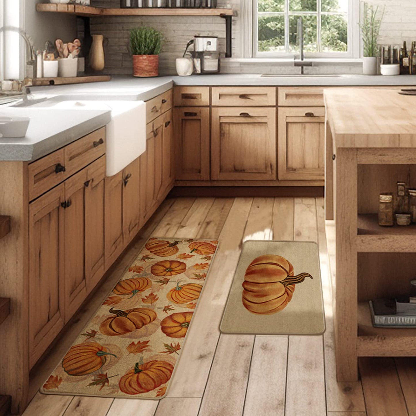 Fall Pumpkin Kitchen Mats Set of 2, Non-Slip Absorbent Rug and Door Mats, Seasonal Thanksgiving Autumn Home Decor Kitchen Floor Mat 17x29 and 17x47 Inch DM087