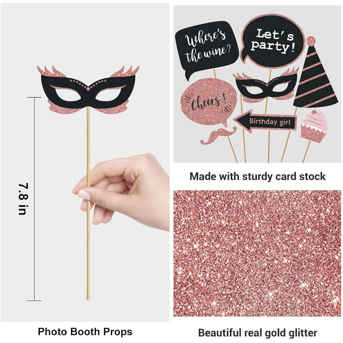 Party Birthday Photo Booth Props, 30Pcs Set of Happy Birthday Selfie Party Supplies with Real Glitter Cute Bday Designs for Women or Girls,Easy to Assemble(Rose Gold)