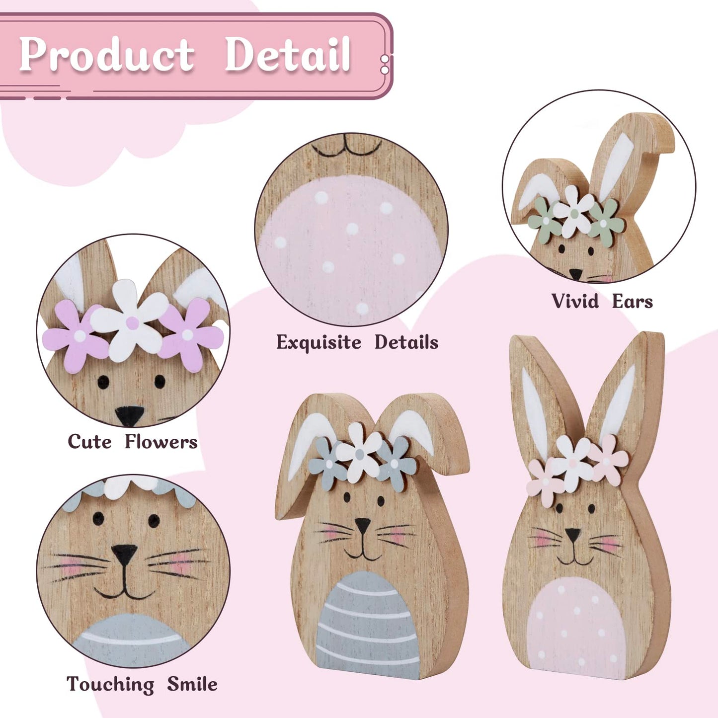 4 Pack Wooden Easter Bunny Table Decorations Easter Peeps Decor Spring Wood Bunnies Rabbit Ornament Farmhouse Tabletop Decor for Party Tiered Tray Mantle Desk Office Home Party Patio Yard Decor