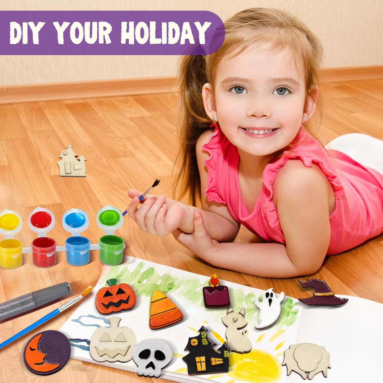 12 Pcs Halloween Wood Craft Kit, Wooden Magnet Creativity Arts Painting Kit, DIY Halloween Painting Craft for Kids Party Supplies, Toddler Party Favors Family School Activities