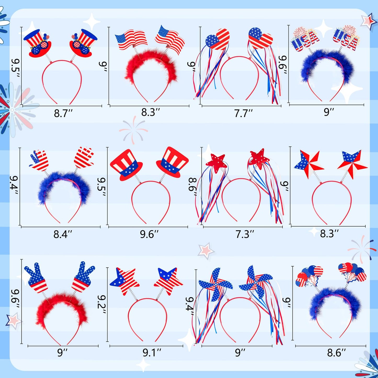 Moon Boat 12PCS Patriotic Head Boppers Headband - Star Uncle Sam Hat Balloons- Fourth 4th of July Party Accessories Favors Decorations