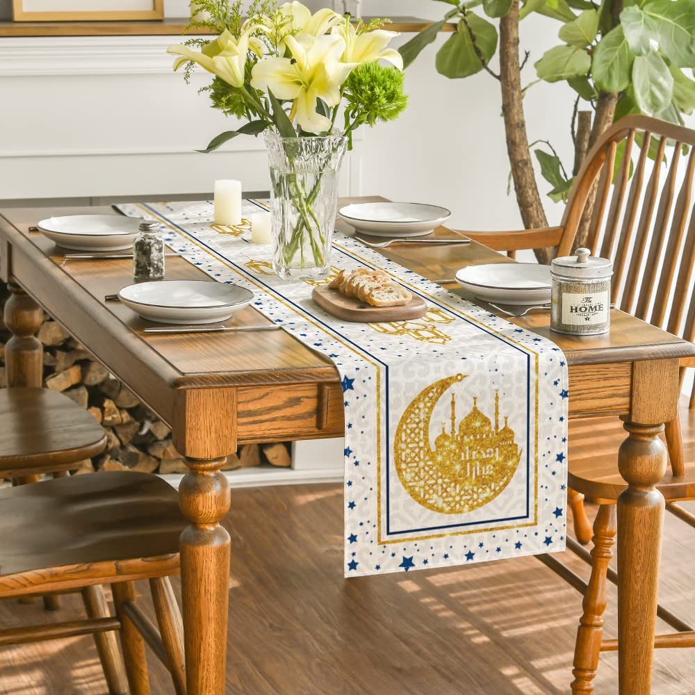 Artoid Mode White Moon Star Gloden Ramadan Table Runner, Seasonal Summer Holiday Kitchen Dining Table Decoration for Home Party Decor 13 x 72 Inch
