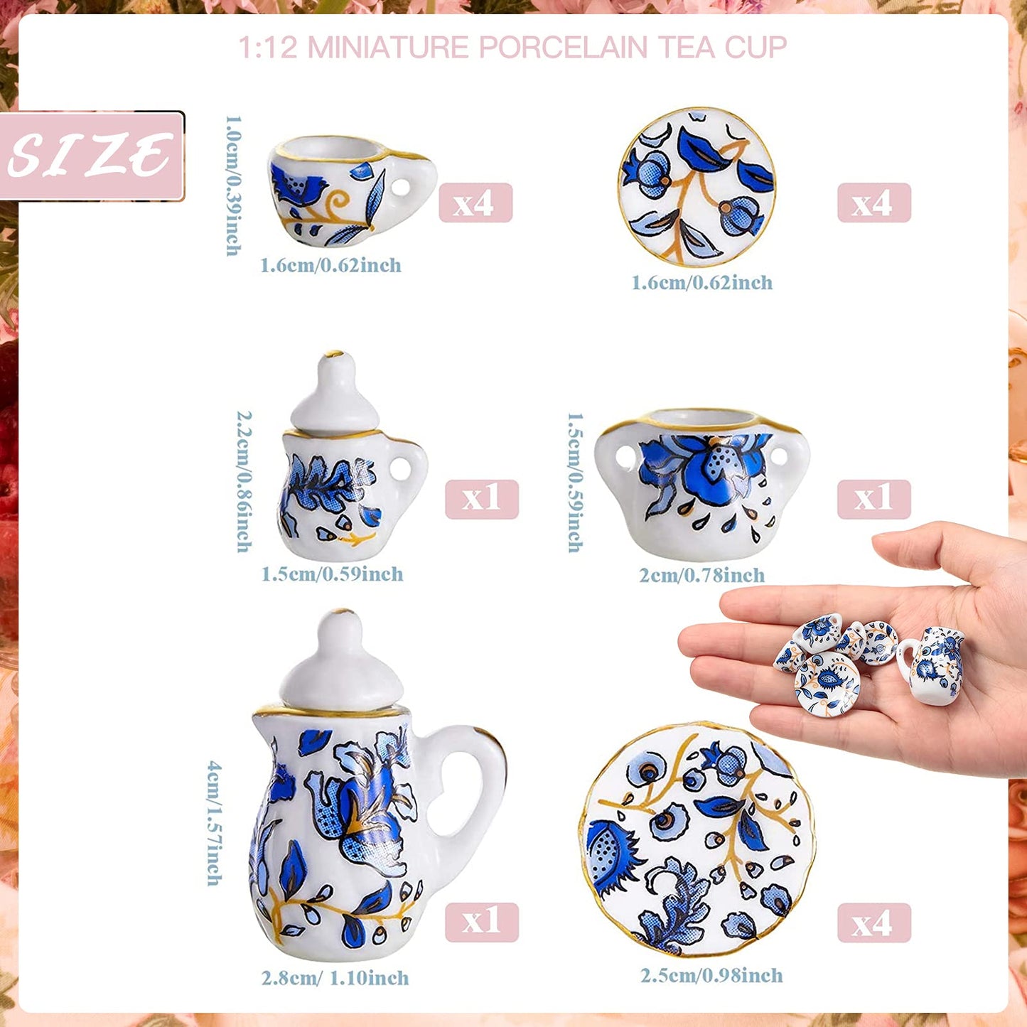 Geiserailie 2 Set 1:12 Dollhouse Miniature Porcelain Tea Cup 30 Pieces Mini Flowers Pattern with Golden Trim Teapot Cup Plate Dollhouse Kitchen Accessories (Charming Style)