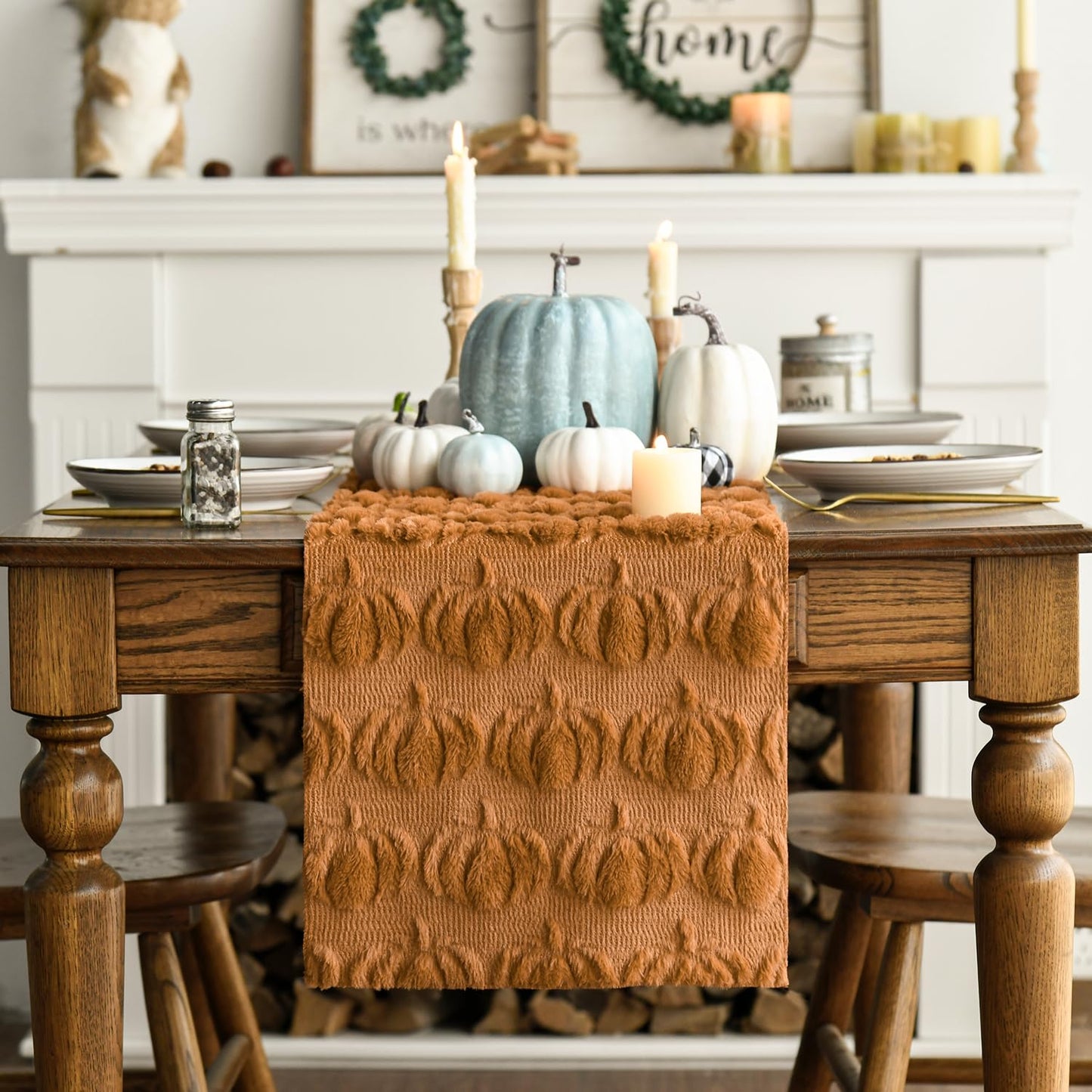 Caramel Soft Plush Faux Fur Jacquard Pumpkins Fall Table Runner, Seasonal Autumn Kitchen Dining Table Decoration for Home Party Decor 13x72 Inch