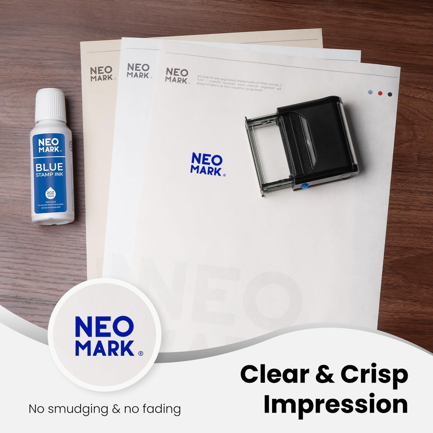 NEO MARK Premium Stamp Ink, Quick-Drying & AP-Certified Non-Toxic Refill Ink for Self-Inking Stamps, Date Stamps and Stamp Pads (Blue, 2oz)
