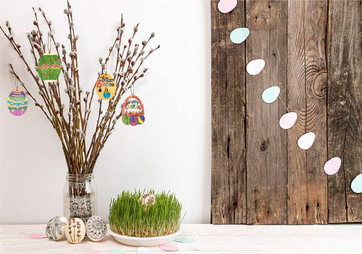 30 PCS Easter Wooden Hanging Ornaments Unfinished Wood Slices Eggs Easter Crafts for Kids DIY Decorations Party Supplies