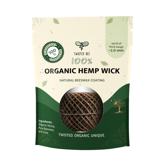 100% Organic Hemp Wick with Natural Beeswax Coating, Twisted Bee (100ft x Thick (~2 mm))