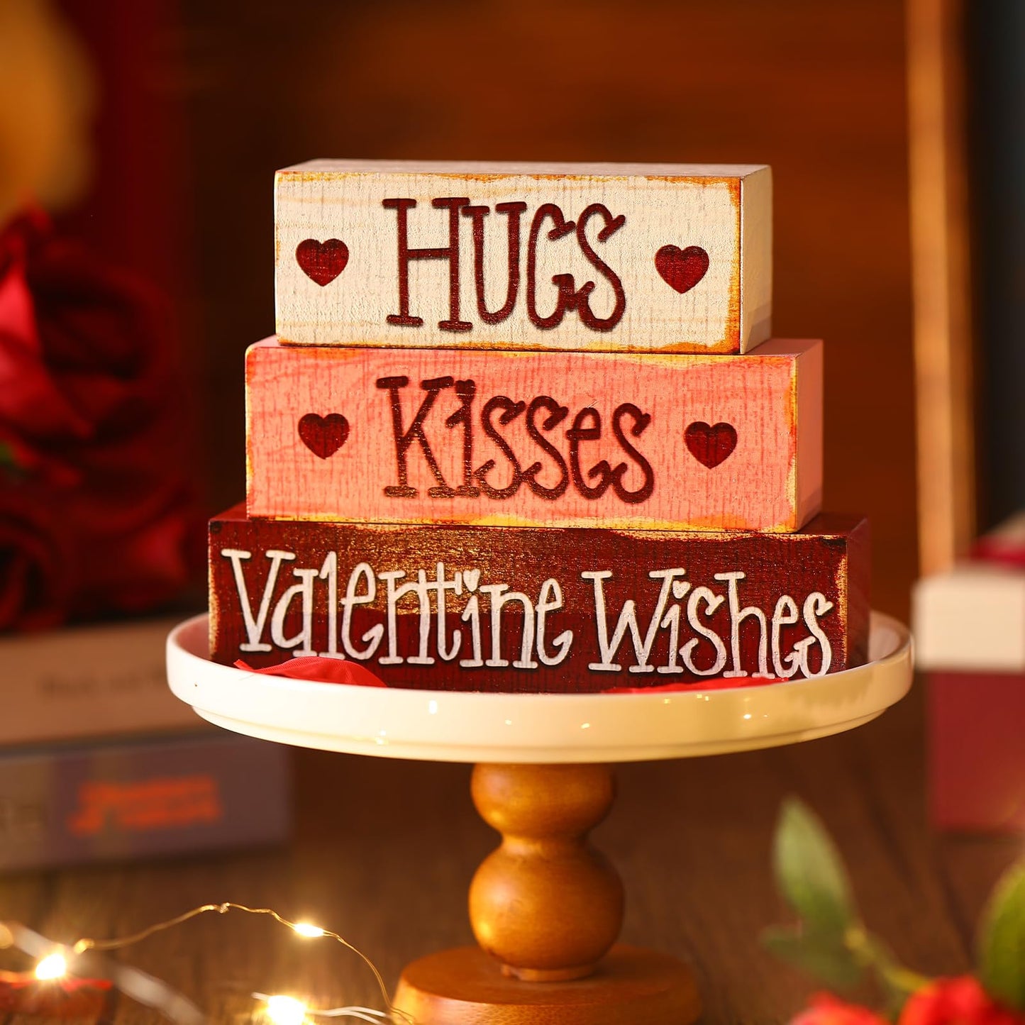 3 Pcs Valentine Table Decoration Signs Tiered Tray Valentine Wooden Love Blocks Heart Wood Freestanding Decor for Farmhouse Centerpiece Wedding Gift(Classic Style)