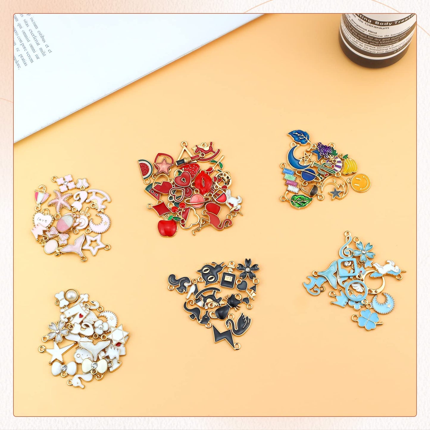 100PCS Gold Plated Enamel Charms Mixed Moon Star Fruit Animal Charm Colorful Pendant DIY for Necklace Bracelet Jewelry Making and Crafting