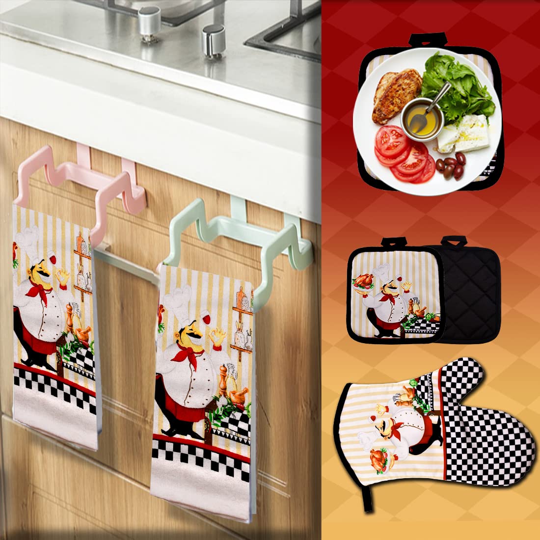 Lobyn Value Packs - Charming 5 Piece Kitchen Towel Set: Chubby Uniformed Chef Design, includes 2 Decorative Dish Towels (25x15) 1 Oven Mitt and 2 Potholders (6.5 Sq)