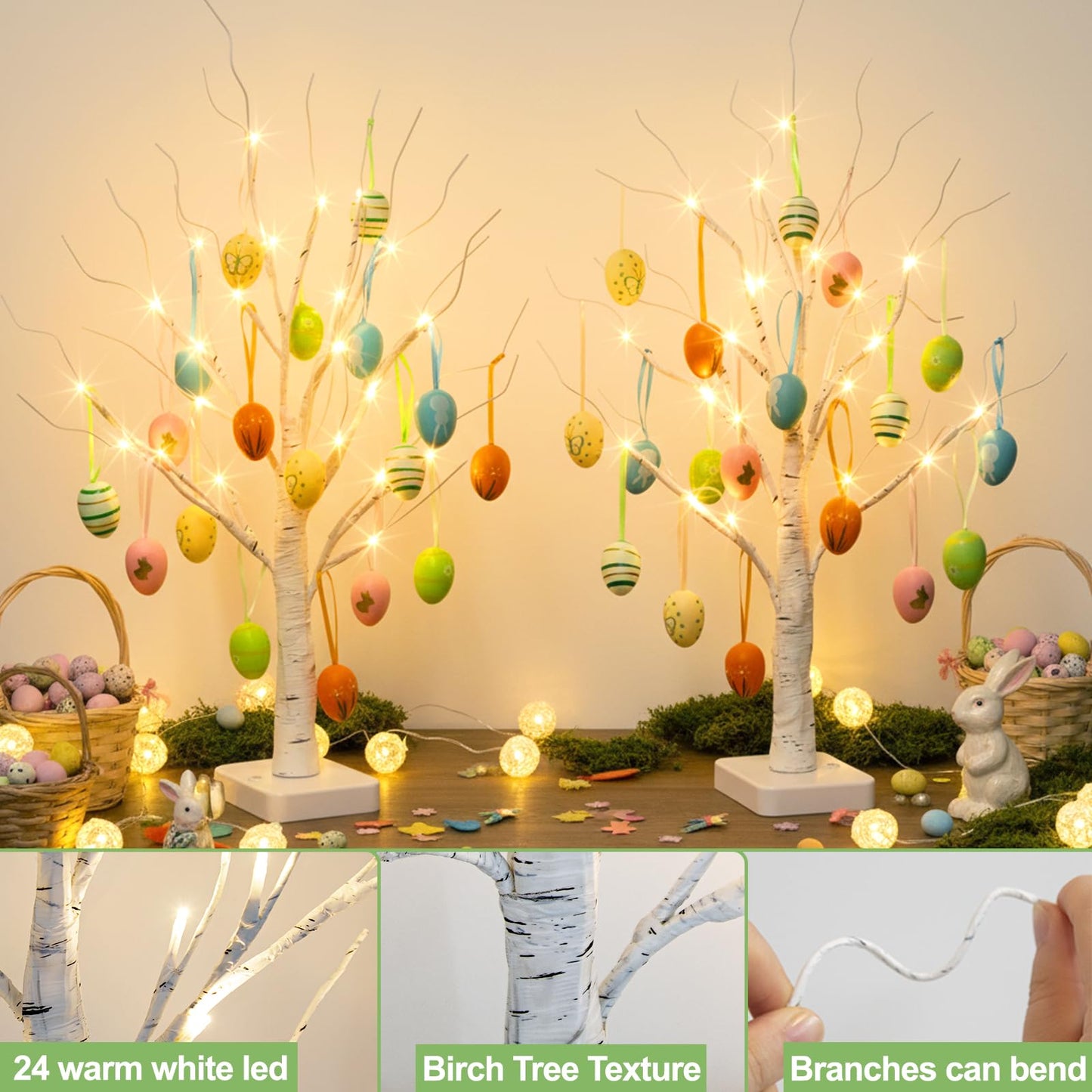 Easter Decorations, Easter Egg Tree with 36 pcs Eggs Ornaments, Lighted White Birch Tree with Timer Battery Powered, for Home Tabletop Centerpiece Spring Indoor Decorations (2 Pack 24 LED)