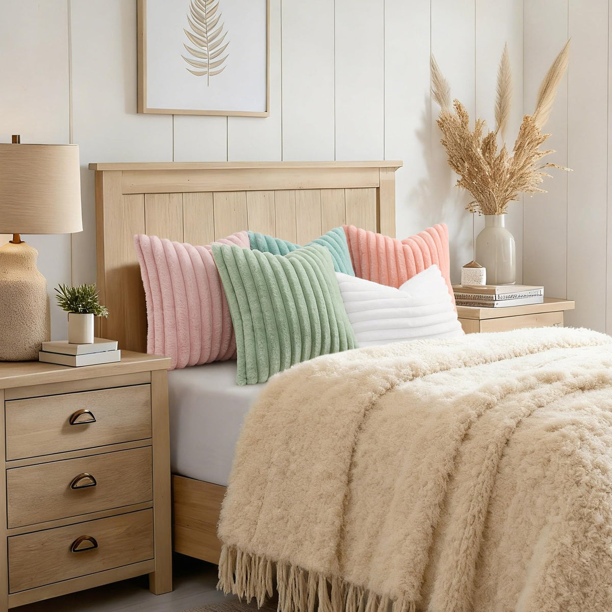 decorUhome Fall Cozy Faux Fur Throw Pillow Covers 18x18 Set of 2 Decorative Soft Plush Striped Modern Farmhouse Boho Couch Pillow Cases with Velvet Back for Sofa Bed Living Room, Sage Green