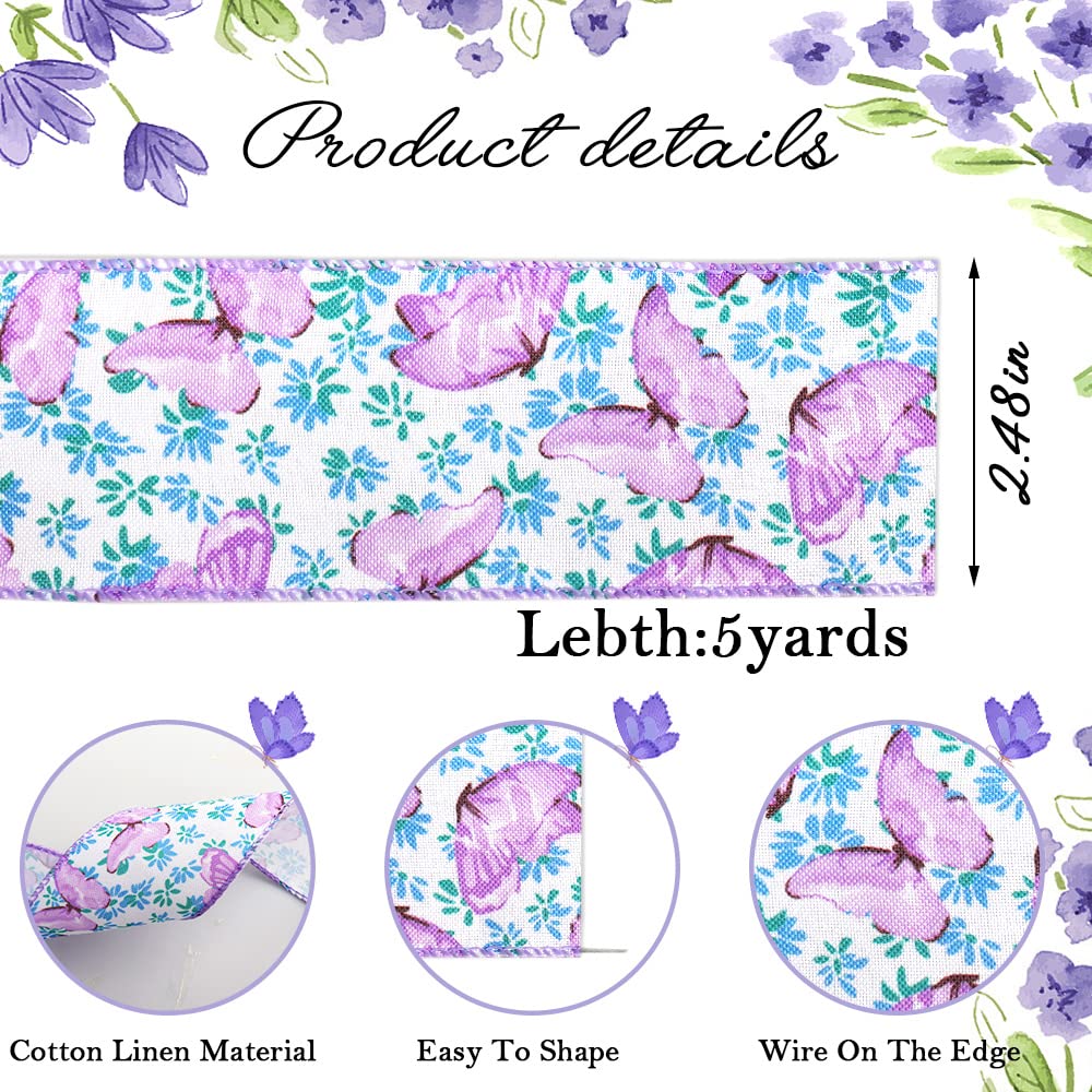 2 Rolls 10 Yards Floral Wired Edge Ribbon, 2.5inch Purple Lavender Burlap Ribbon, Purple Flower Butterfly Gift Wrapping Ribbon for Farmhouse Party DIY Craft Spring Wreaths Bow Decoration