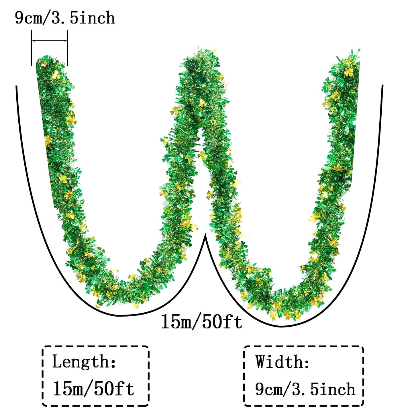 St Patricks Day Garland Decor,50Ft Glitter Tinsel Irish Shamrock Garland Decorations for Tree Mantle Bedroom Office Classroom Party Indoor Outdoor Holiday Home Green Gold